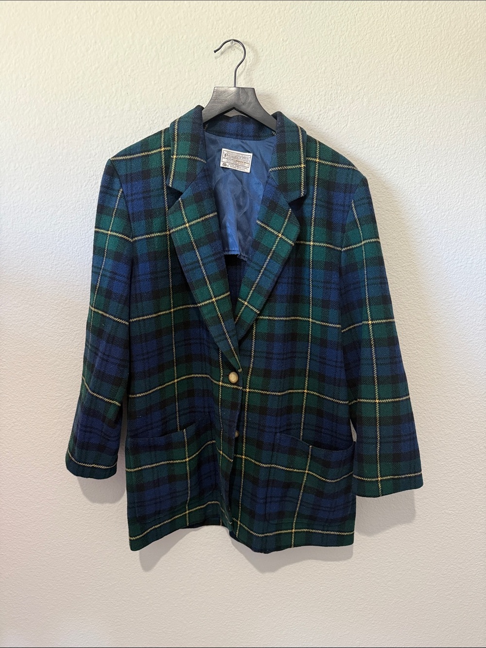 Vintage 100% virgin wool tartan plaid green and blue blazer